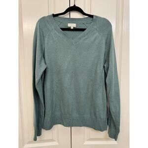 Lucky Brand Women's V-Neck Sweater Green Long Sleeves Trendy Pullover Size Large